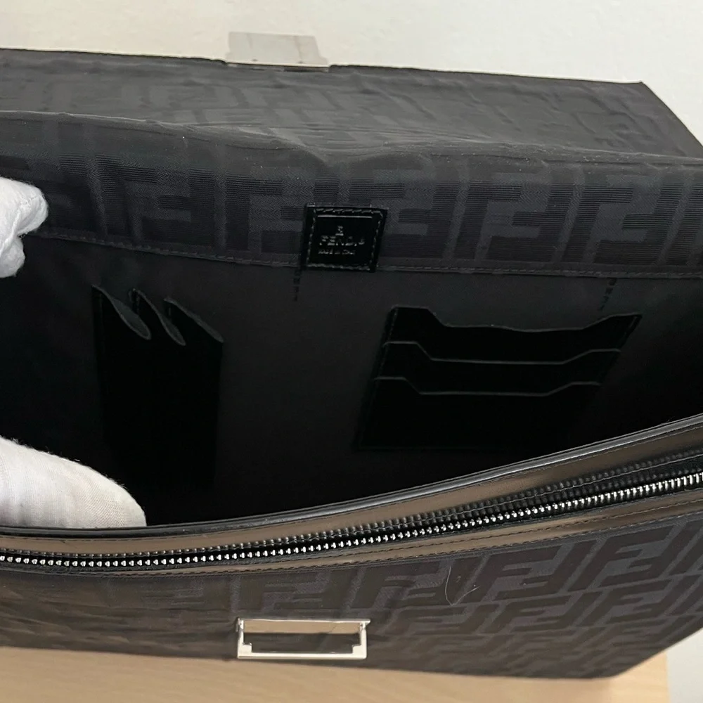 Rare FENDI Zucca Black Monogram Briefcase Unisex Canvas Leather EUC 1990s